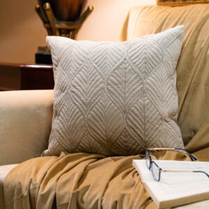 Beige Velvet Quilted & Embroidered Cushion Cover