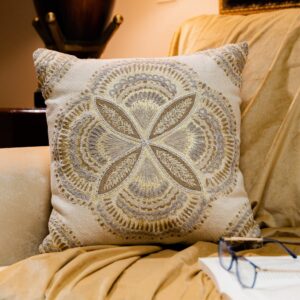 Cream Cotton Printed & Embroidered Cushion Cover