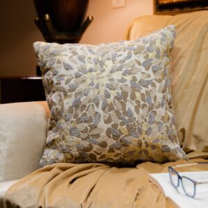 Beige Cotton Printed & Embroidered Cushion Cover