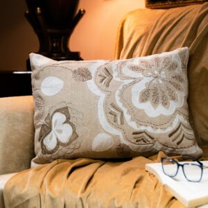 Beige Cotton Floral Embroidered & Embellished Cushion Cover