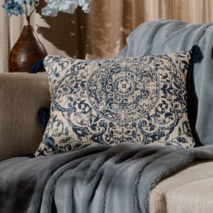 Blue Cotton Printed & Dori Work Cushion Cover