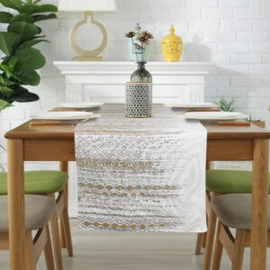 Off White Cotton Slub Foil Print Table Runner