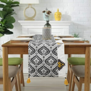 Off White Cotton Printed & Embroidered Table Runner